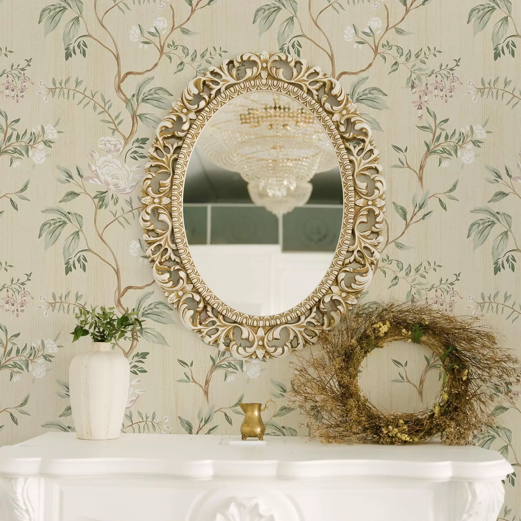 wall murals Delicate branches with flowers on a warm cream background a01084