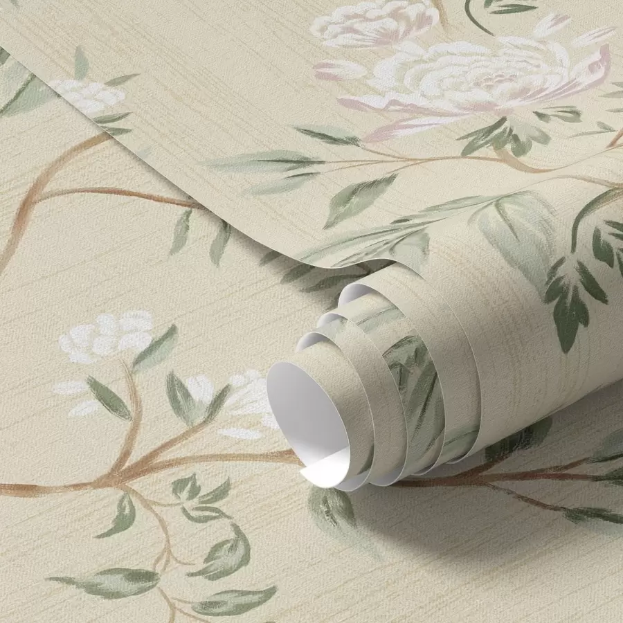wall murals Delicate branches with flowers on a warm cream background a01084