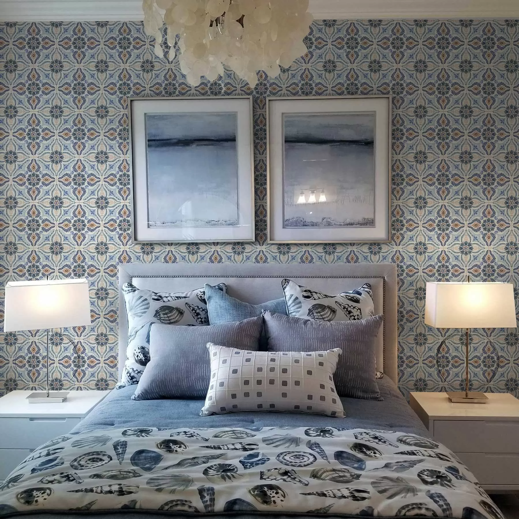 wall murals Blue-beige tile-style ornament painted in watercolour a01085