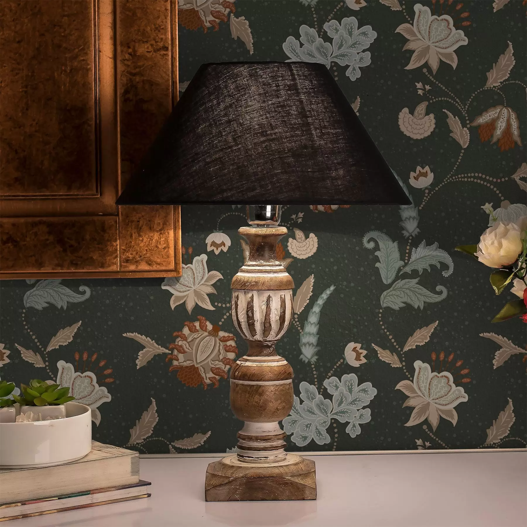 wall murals Dark green background with decorative flowers and leaves a01086