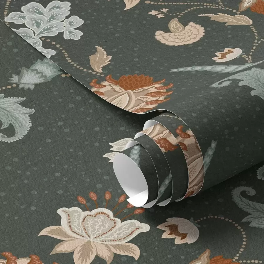wall murals Dark green background with decorative flowers and leaves a01086