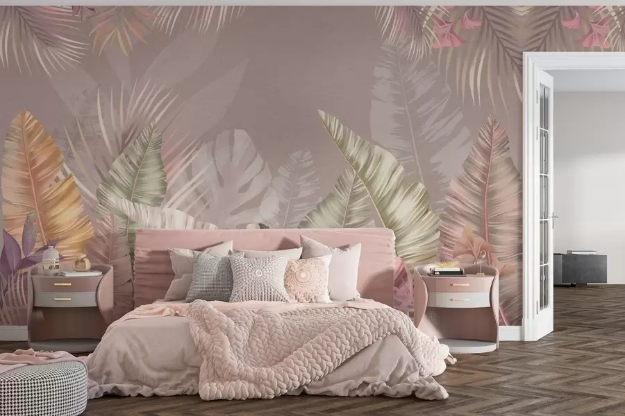 wall murals Tropical leaves in soft pastel hues w01684