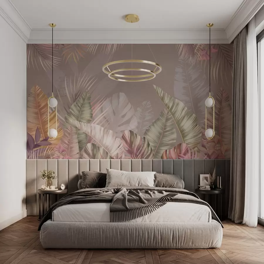 wall murals Tropical leaves in soft pastel hues w01684
