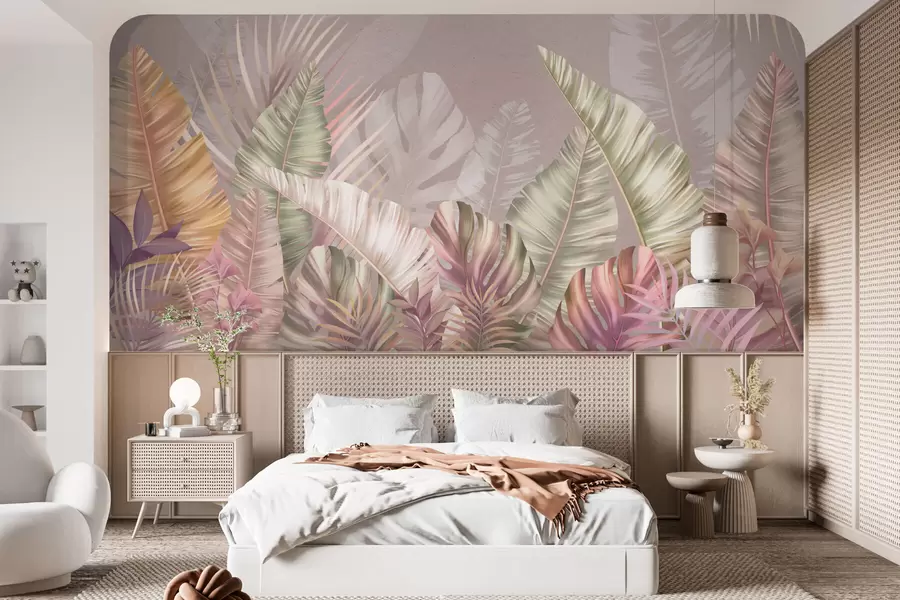 wall murals Tropical leaves in soft pastel hues w01684