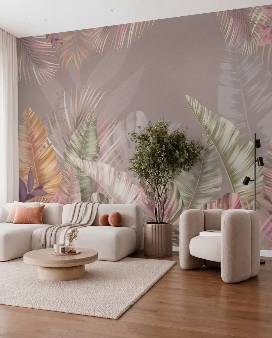 wall murals Tropical leaves in soft pastel hues w01684