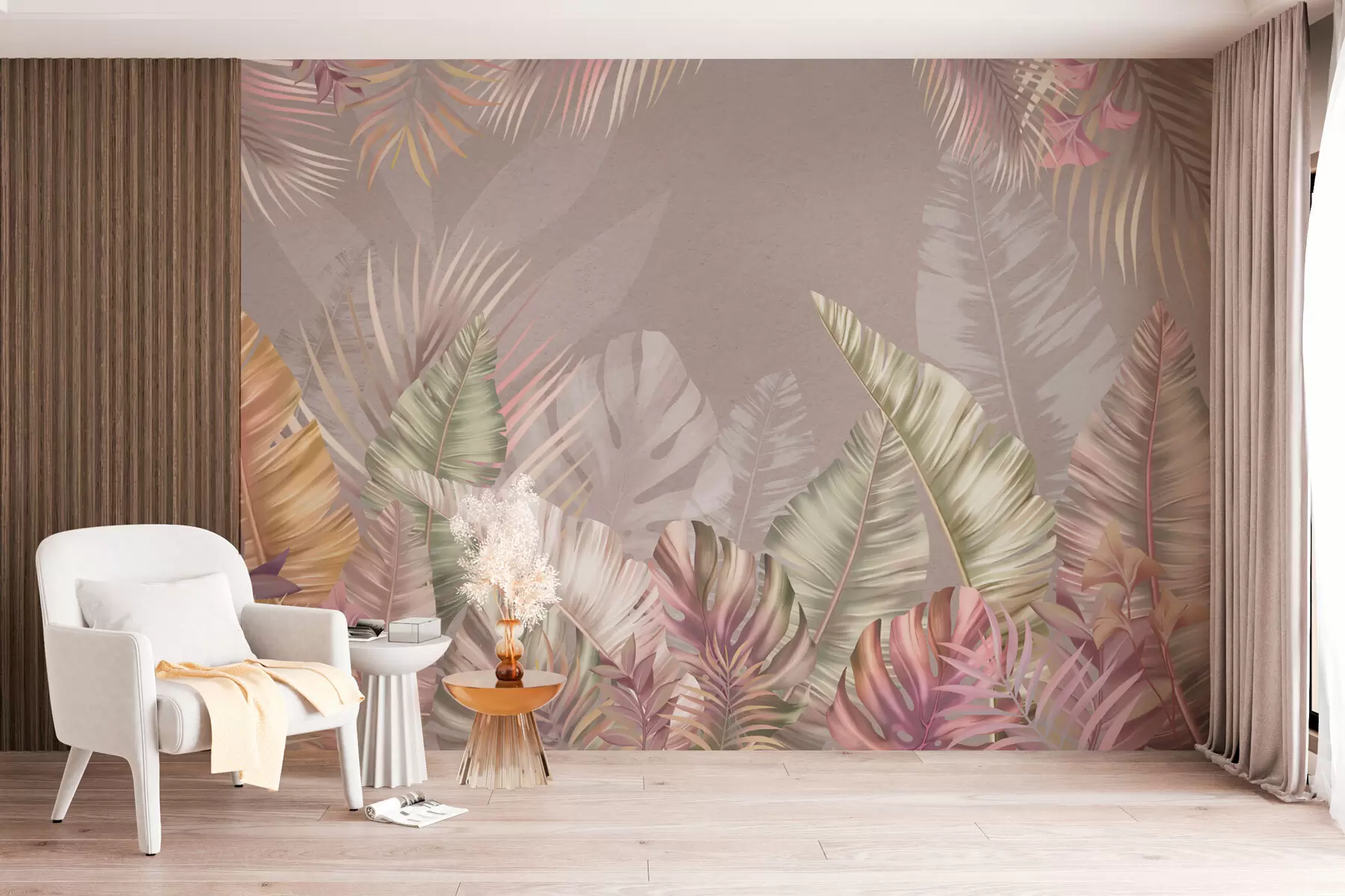 wall murals Tropical leaves in soft pastel hues w01684