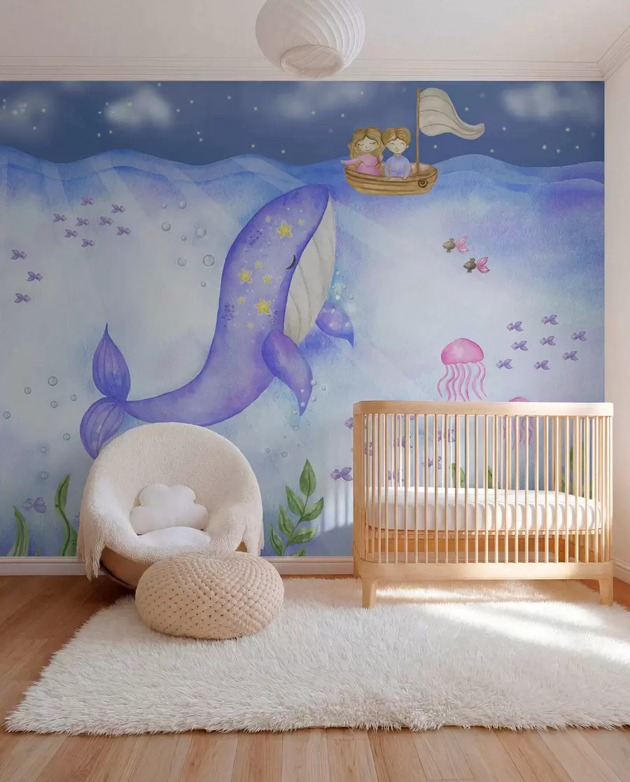 wall murals Whale swims beneath a starry night w01965