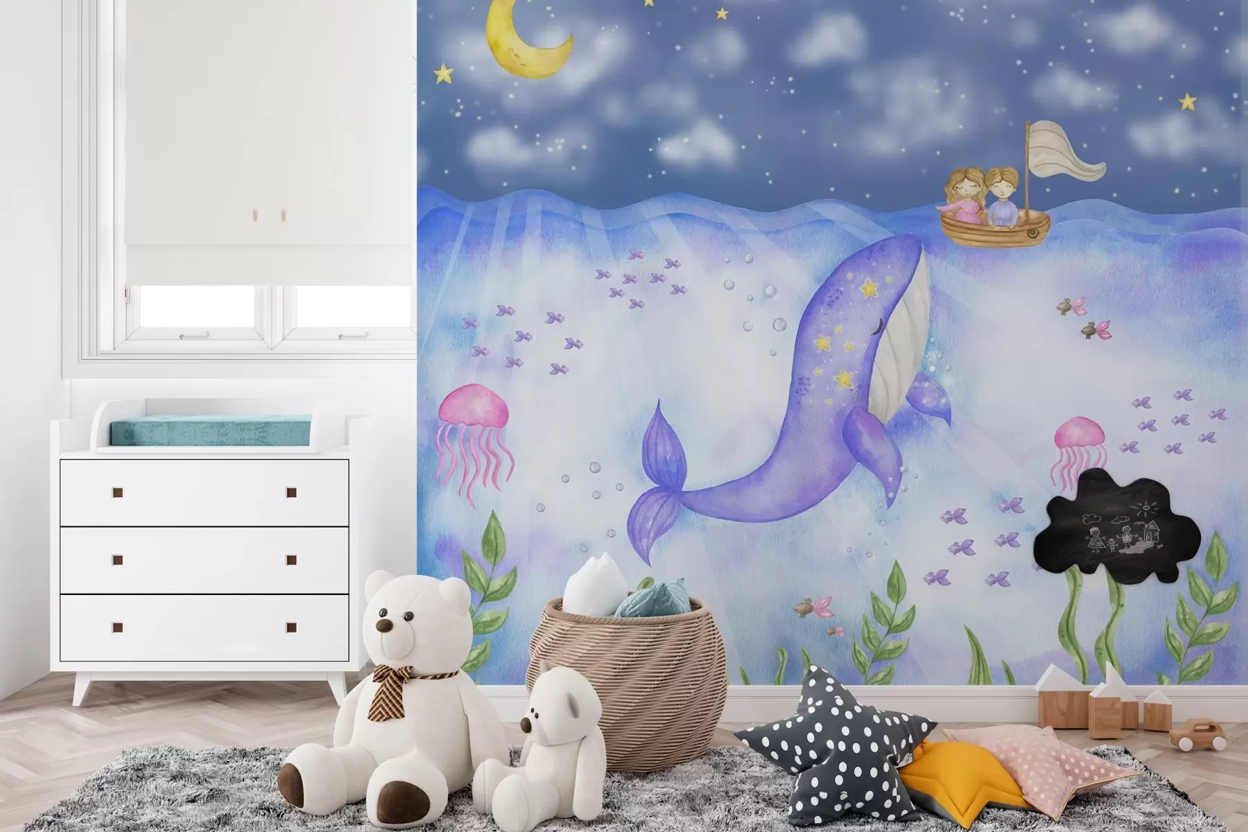 wall murals Whale swims beneath a starry night w01965