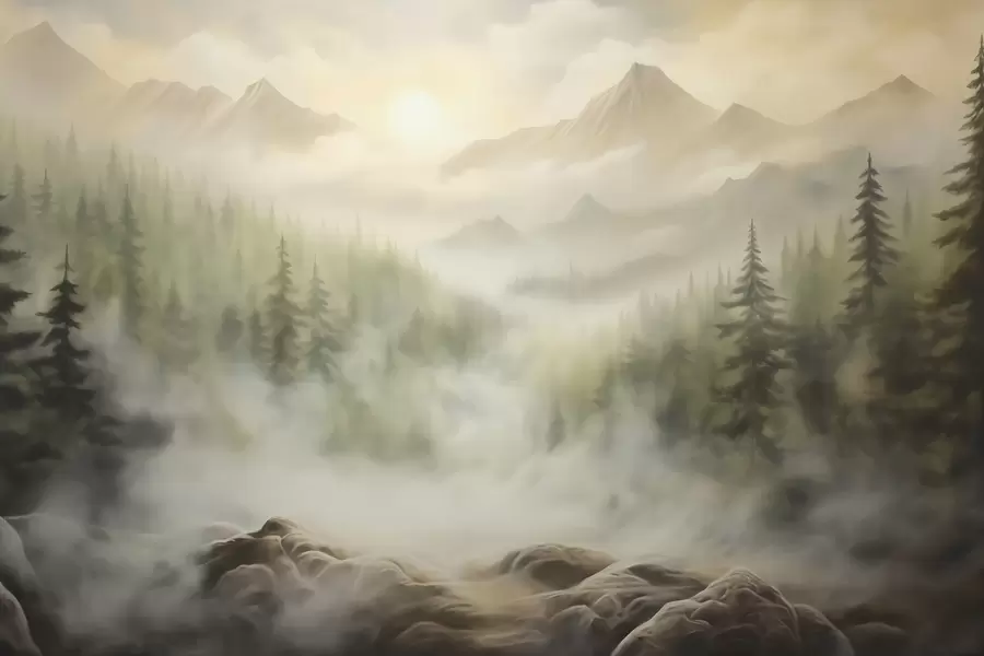 wall murals Forest in the fog against the backdrop of mountains w04730