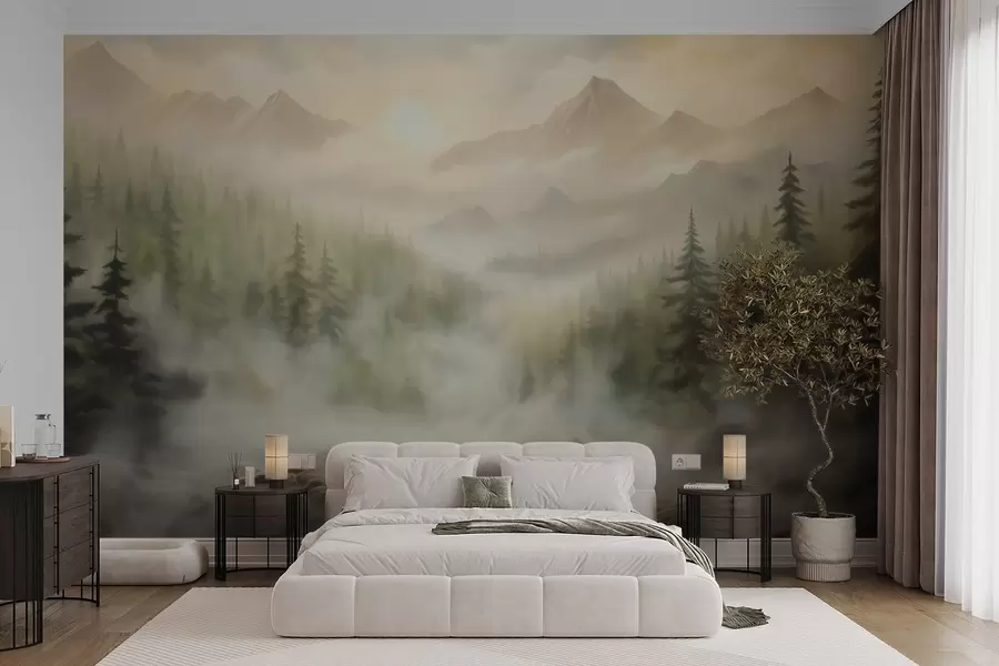 wall murals Forest in the fog against the backdrop of mountains w04730