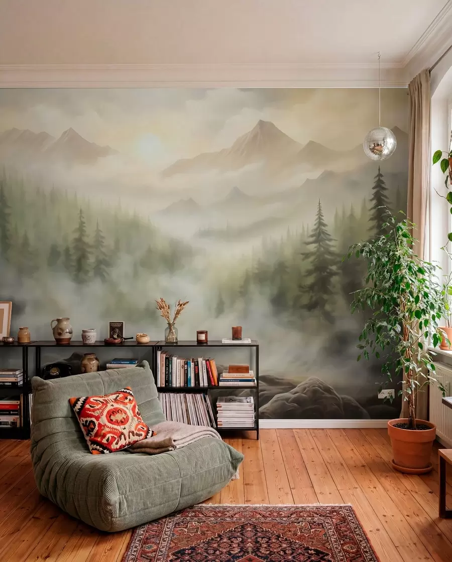 wall murals Forest in the fog against the backdrop of mountains w04730