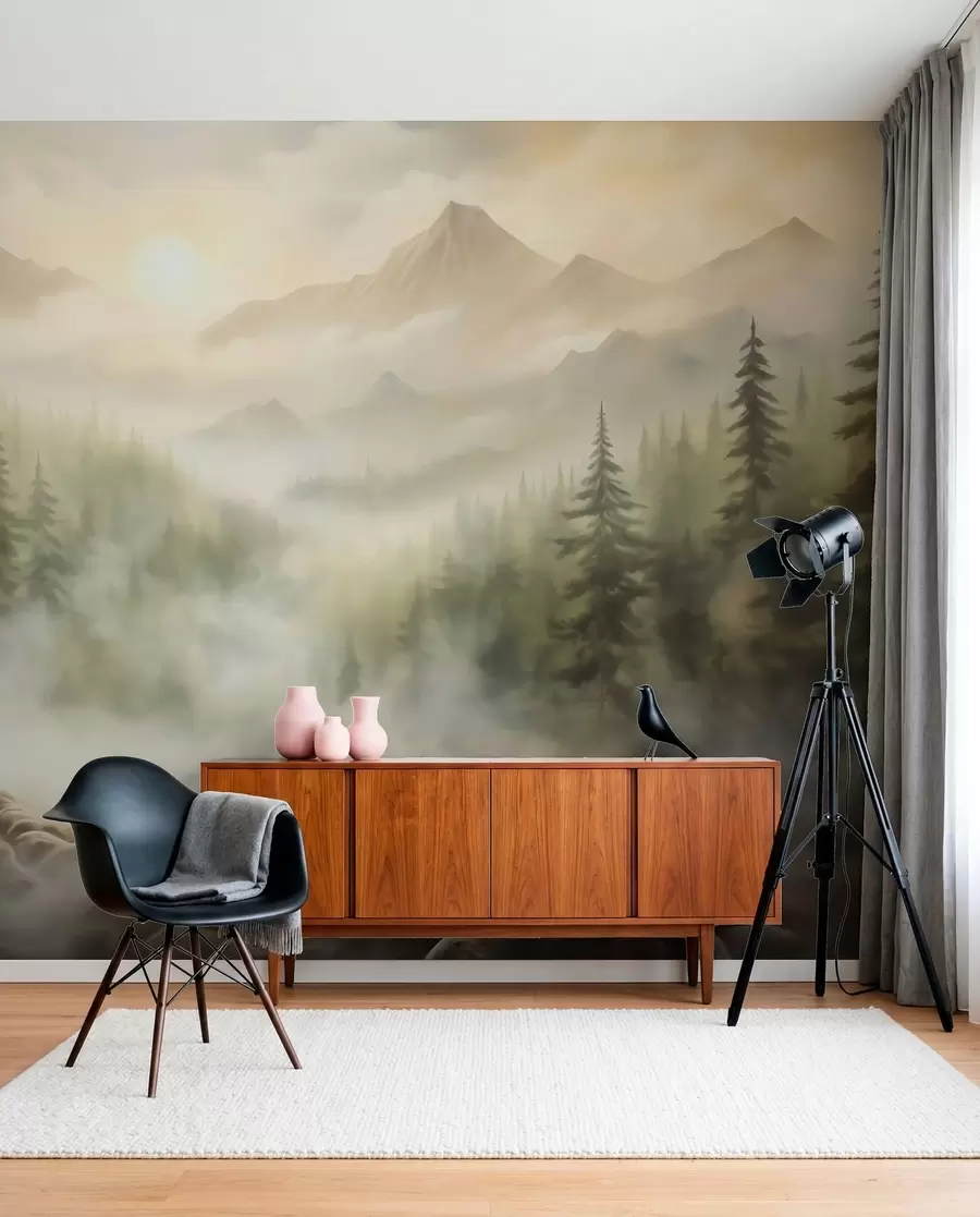 wall murals Forest in the fog against the backdrop of mountains w04730