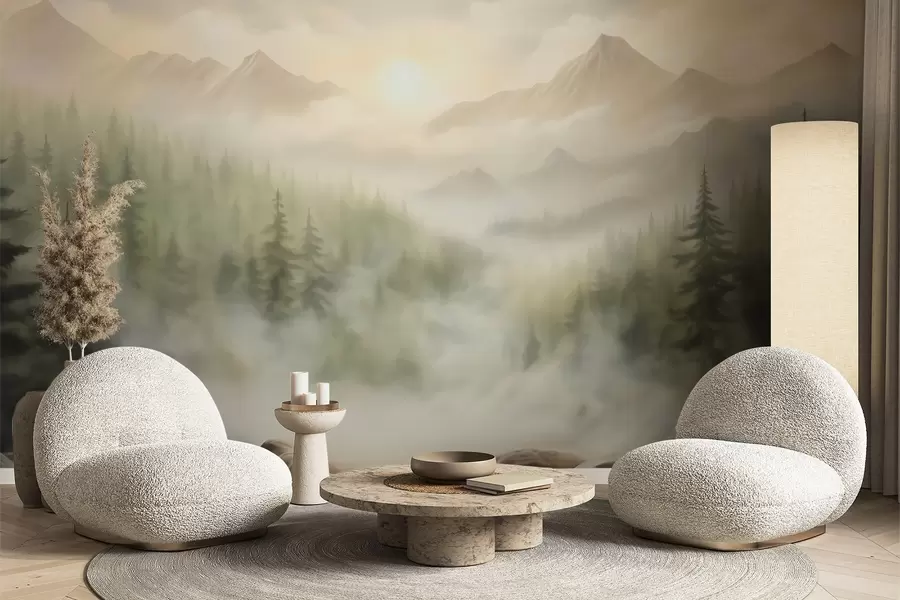 wall murals Forest in the fog against the backdrop of mountains w04730