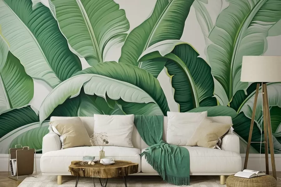 wall murals Green tropical banana leaves with a 3d effect w09559