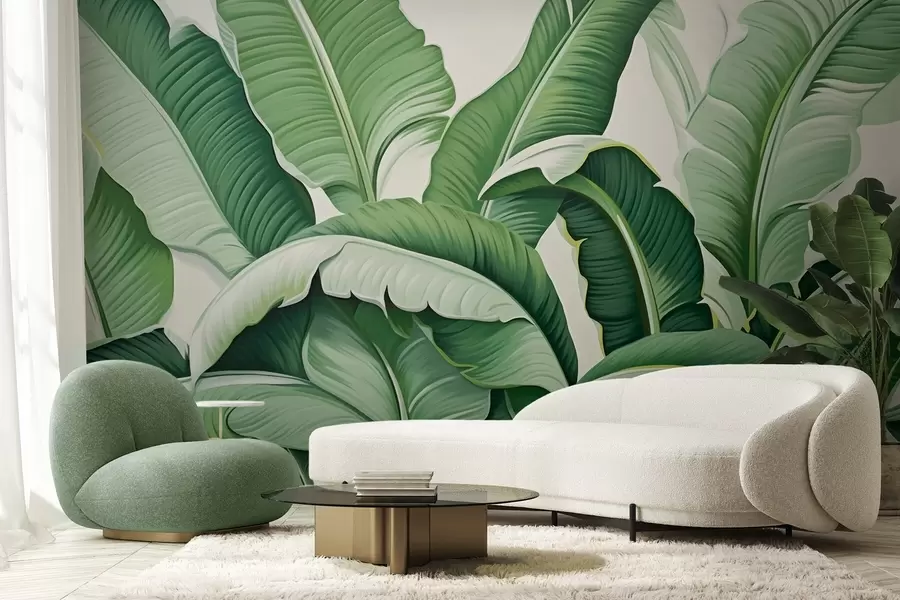 wall murals Green tropical banana leaves with a 3d effect w09559