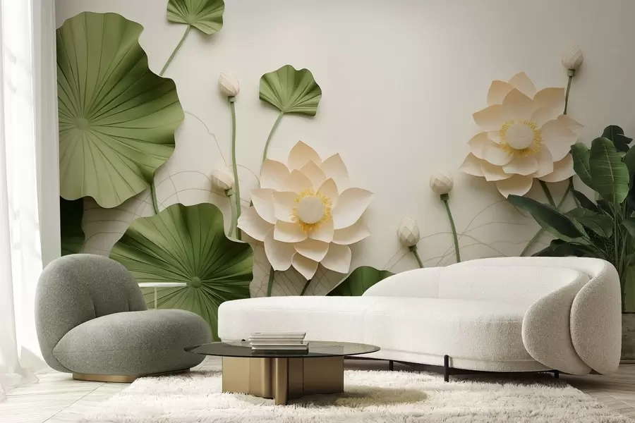 wall murals 3d lotus flowers with green textured leaves, minimalist style w09560
