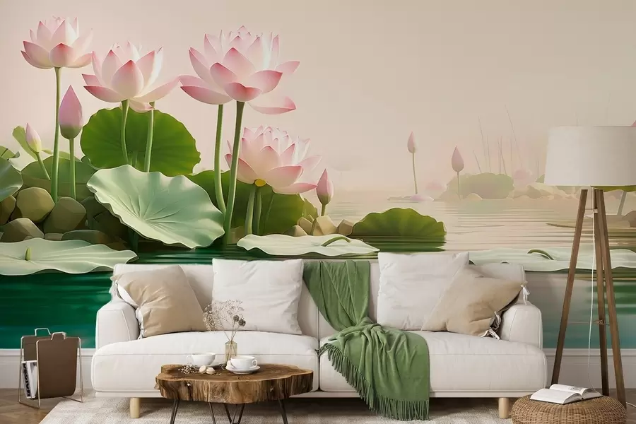 wall murals Pink lotus flowers on water, a calm tropical landscape w09561