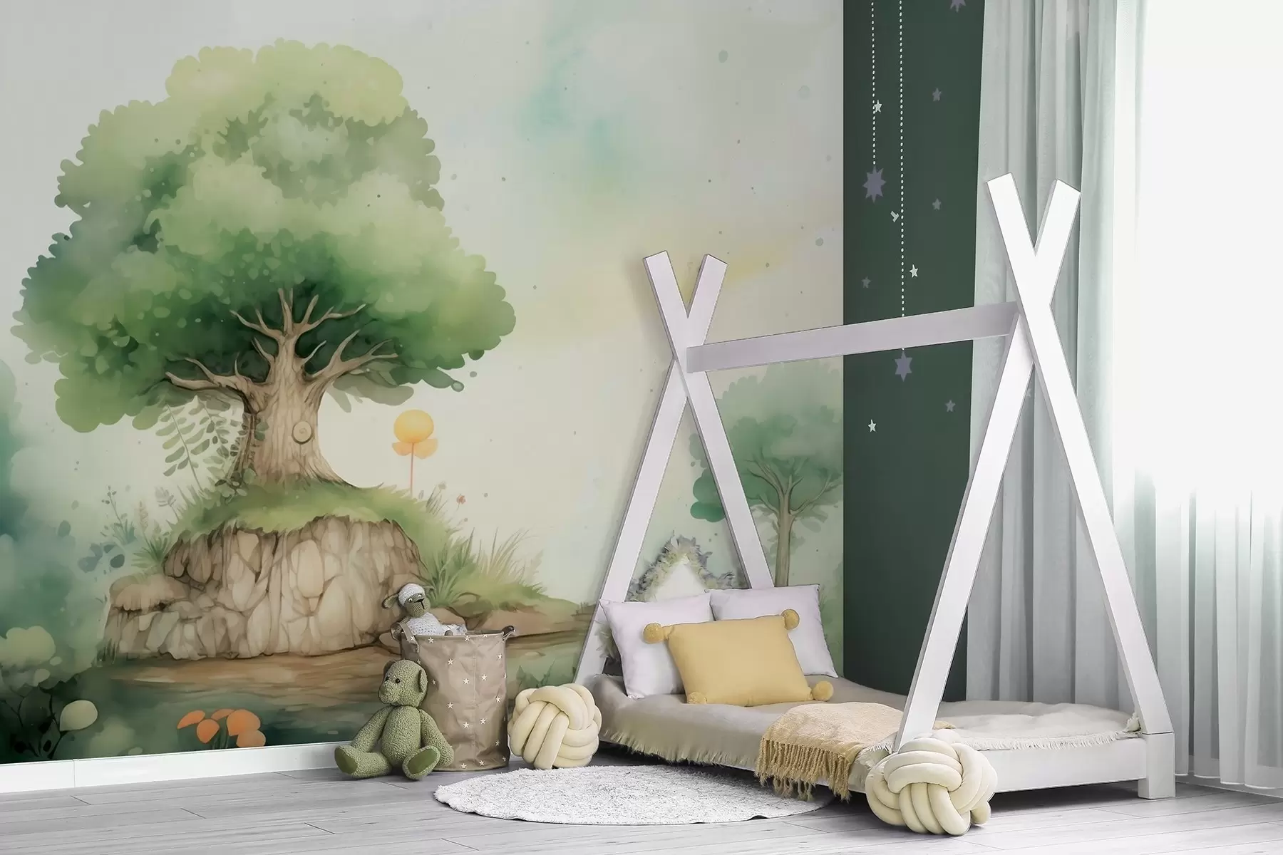 wall murals A fairytale world of childhood in a green forest landscape, watercolor style w09566