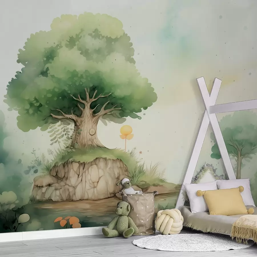 wall murals A fairytale world of childhood in a green forest landscape, watercolor style w09566