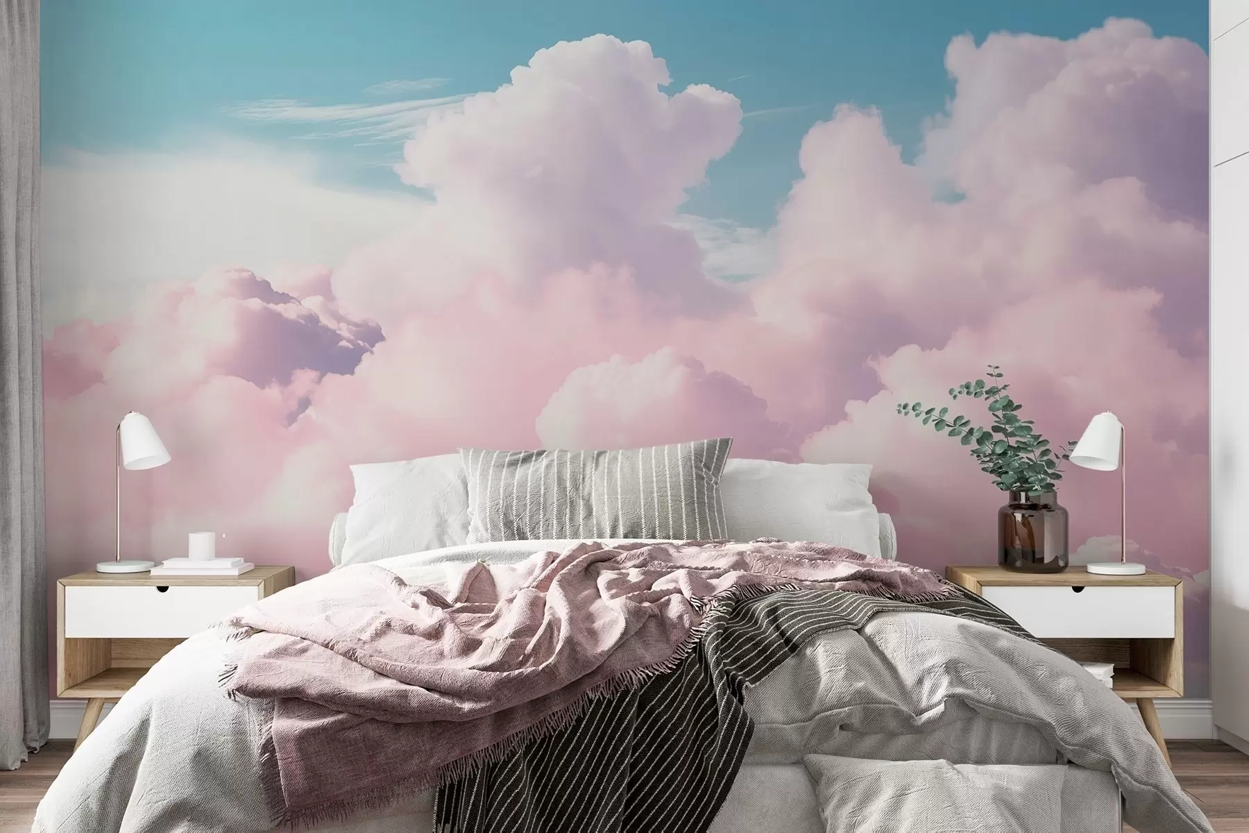 wall murals Soft airy pink clouds in a blue sky w09569