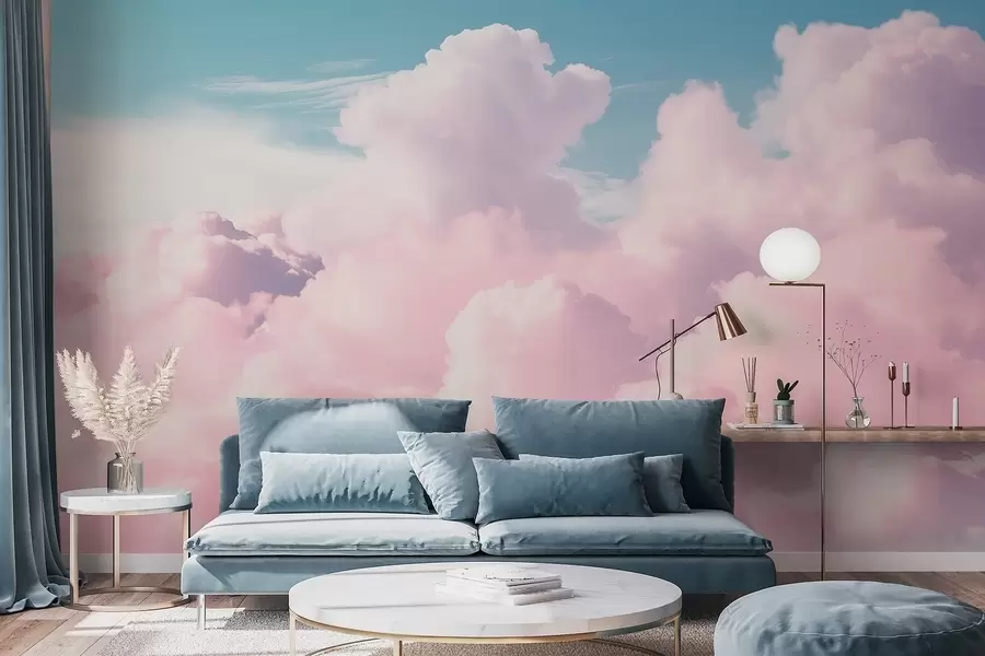 wall murals Soft airy pink clouds in a blue sky w09569