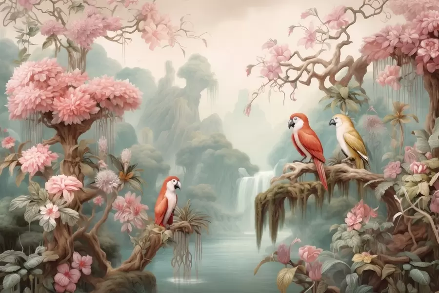 wall murals A fairytale tropical forest with parrots, flowering trees with pink blossoms, and a waterfall w09580