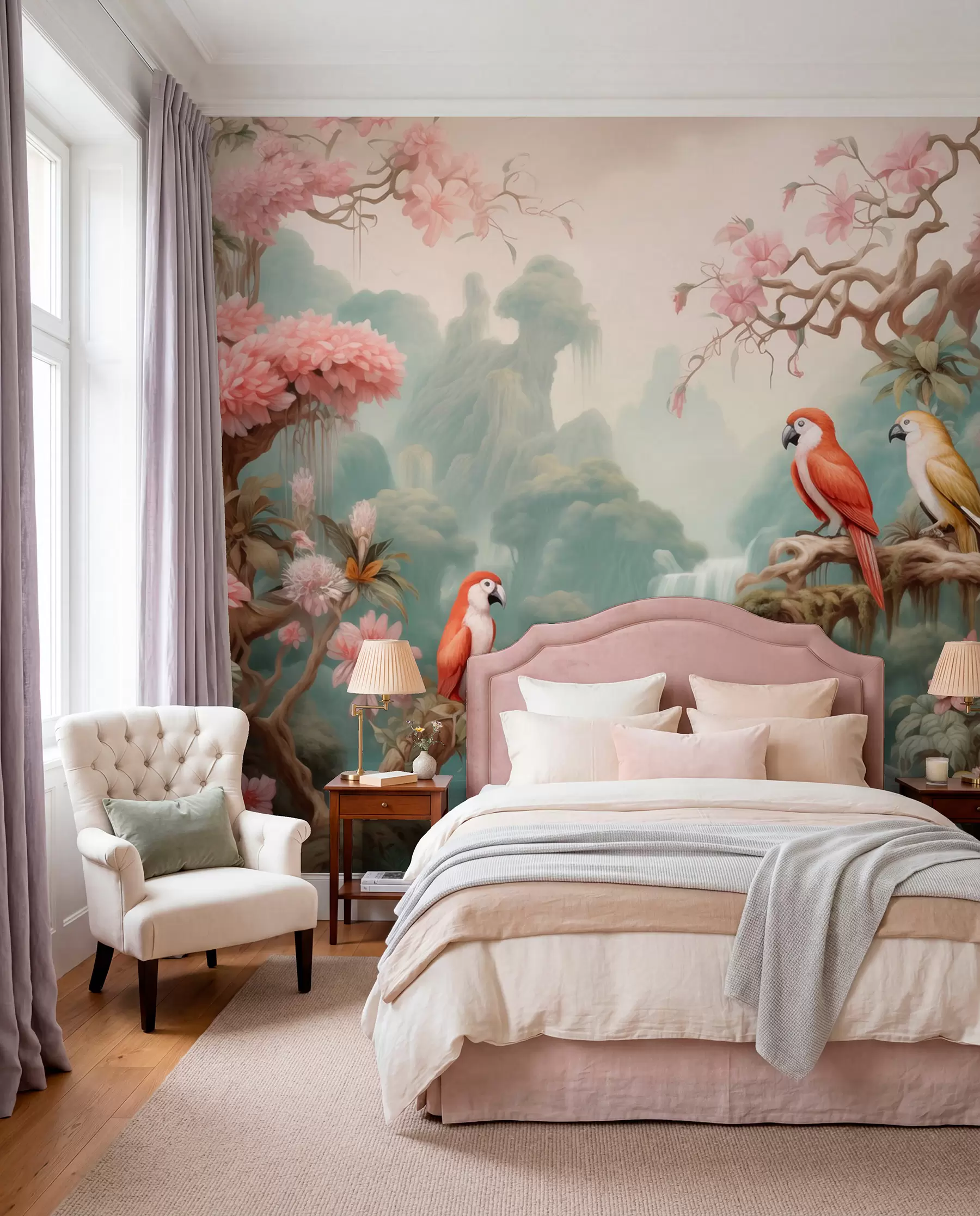 wall murals A fairytale tropical forest with parrots, flowering trees with pink blossoms, and a waterfall w09580