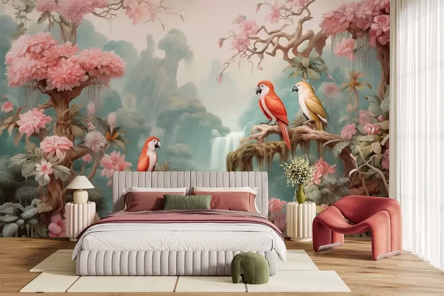 wall murals A fairytale tropical forest with parrots, flowering trees with pink blossoms, and a waterfall w09580