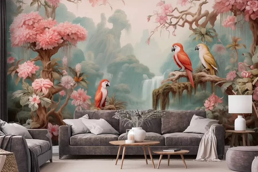 wall murals A fairytale tropical forest with parrots, flowering trees with pink blossoms, and a waterfall w09580