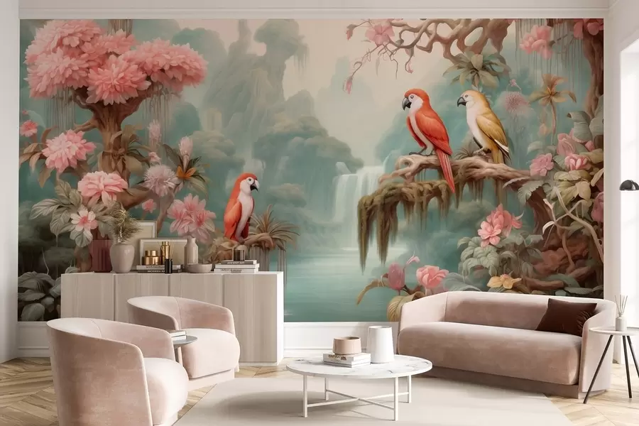 wall murals A fairytale tropical forest with parrots, flowering trees with pink blossoms, and a waterfall w09580