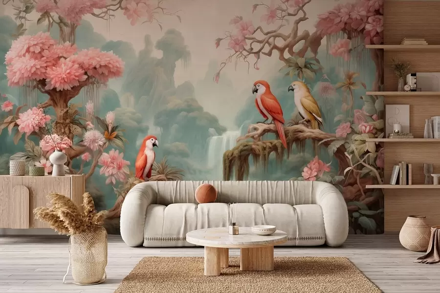 wall murals A fairytale tropical forest with parrots, flowering trees with pink blossoms, and a waterfall w09580