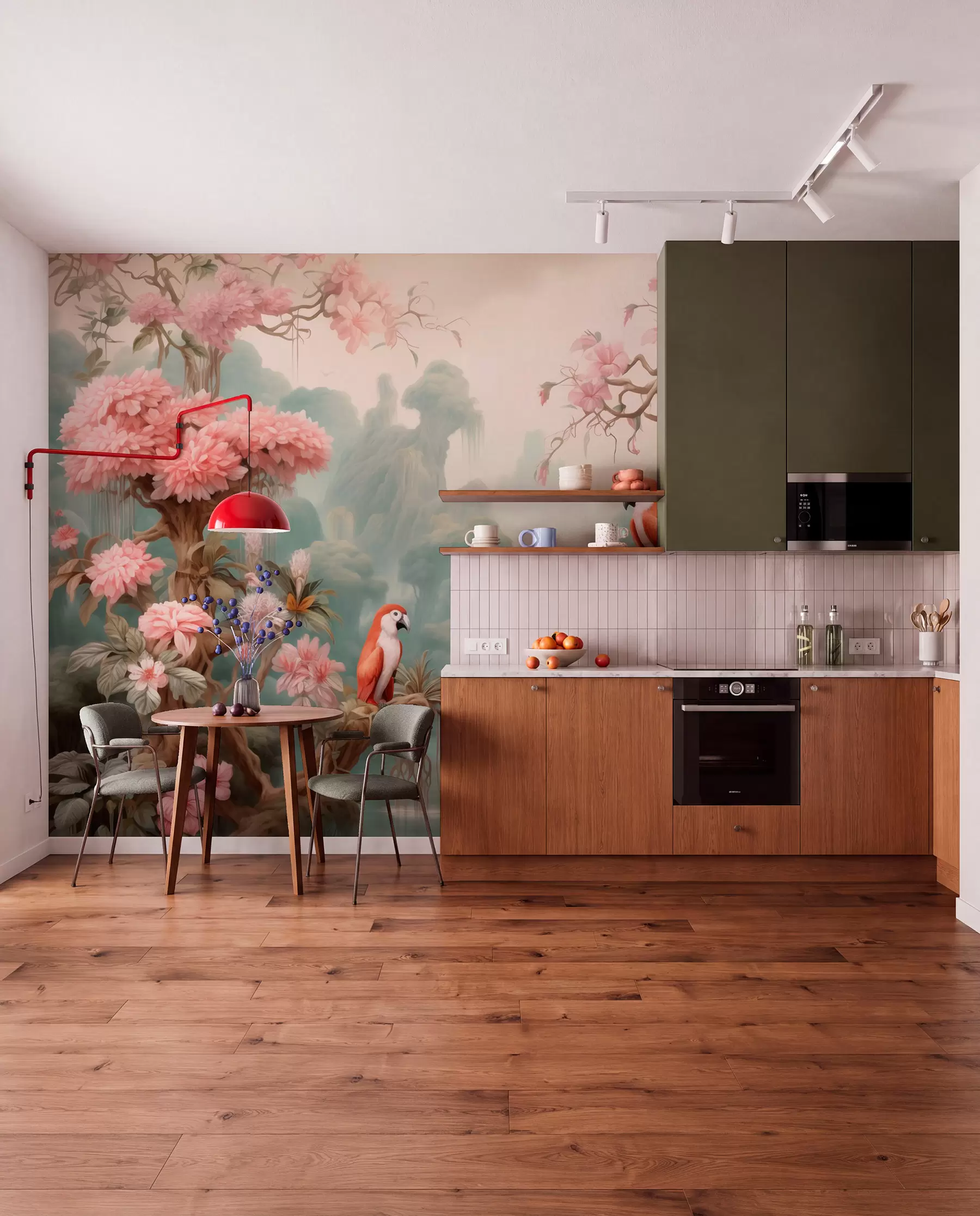 wall murals A fairytale tropical forest with parrots, flowering trees with pink blossoms, and a waterfall w09580