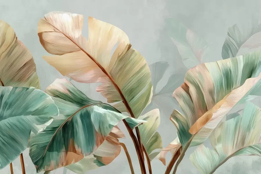 wall murals Delicate tropical banana leaves in pastel yellow-green tones w09581