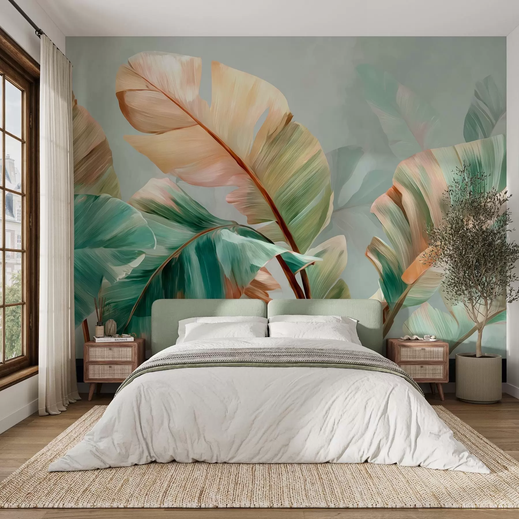 wall murals Delicate tropical banana leaves in pastel yellow-green tones w09581