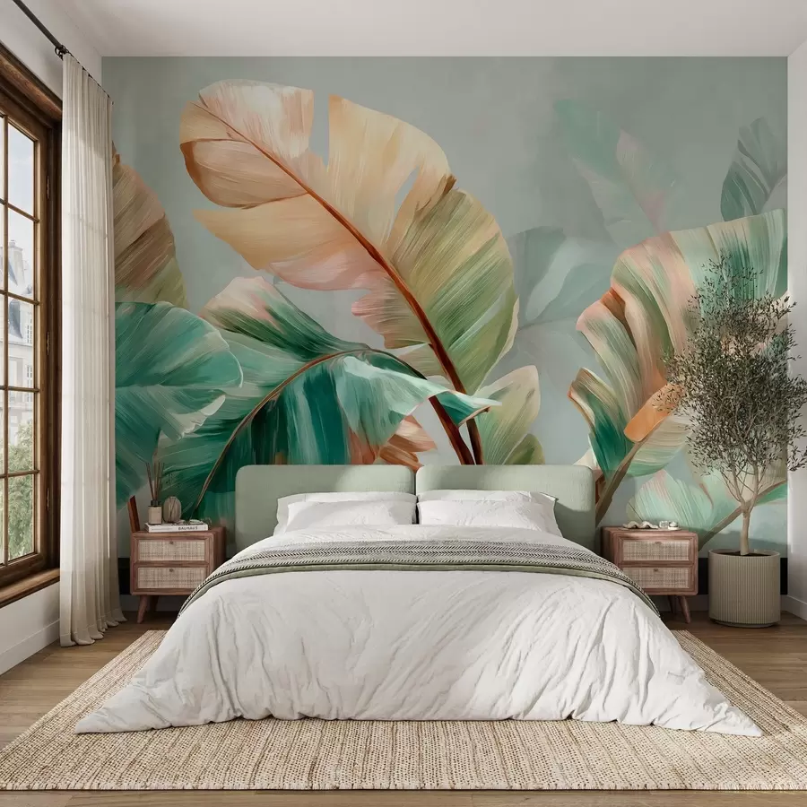 wall murals Delicate tropical banana leaves in pastel yellow-green tones w09581
