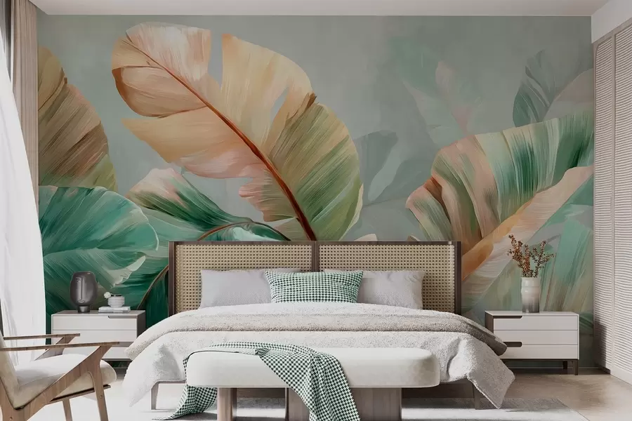 wall murals Delicate tropical banana leaves in pastel yellow-green tones w09581