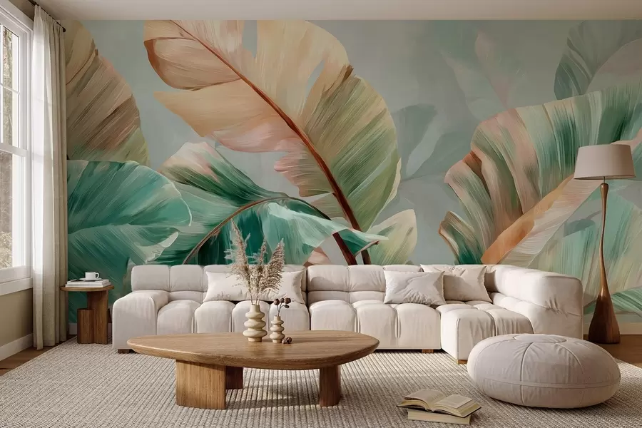 wall murals Delicate tropical banana leaves in pastel yellow-green tones w09581