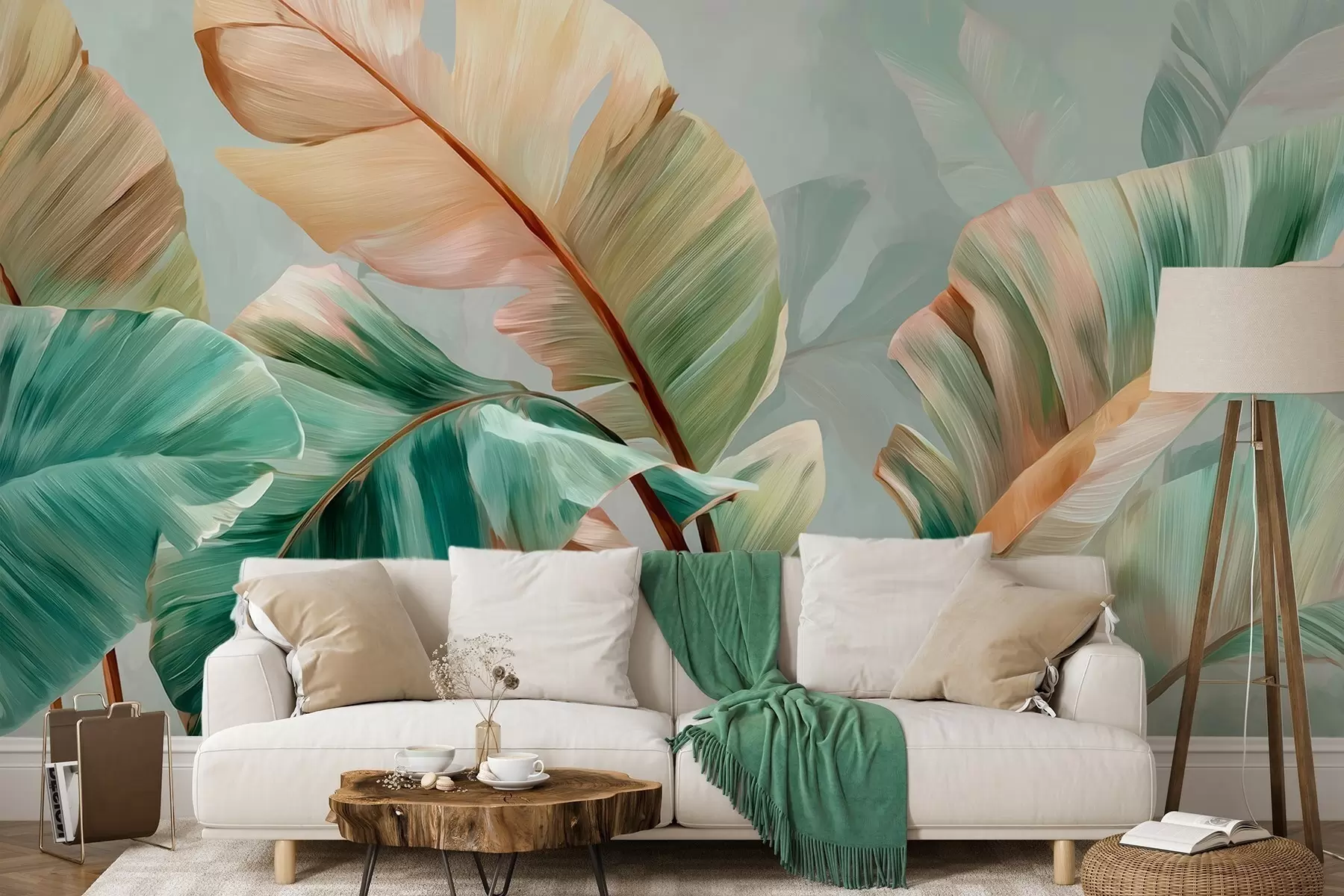wall murals Delicate tropical banana leaves in pastel yellow-green tones w09581