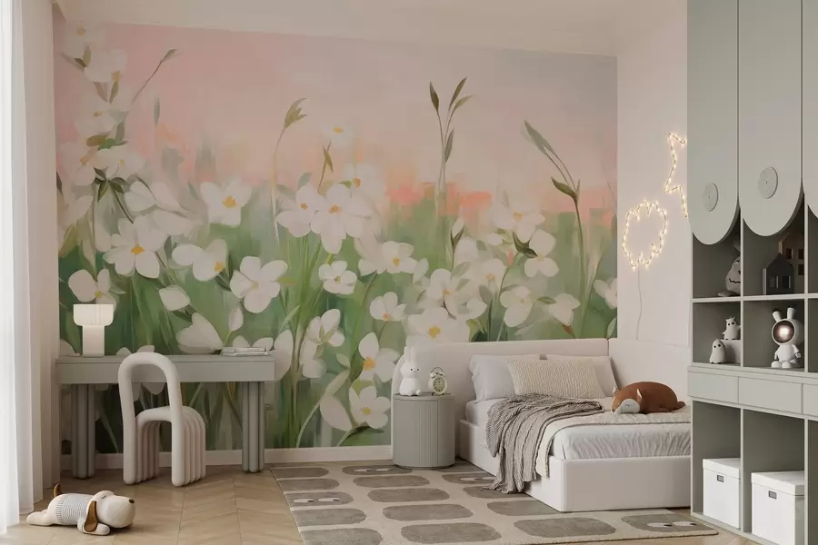 wall murals Abstract field of wildflowers with green stems and leaves, against a soft pink and white textured sky w09297