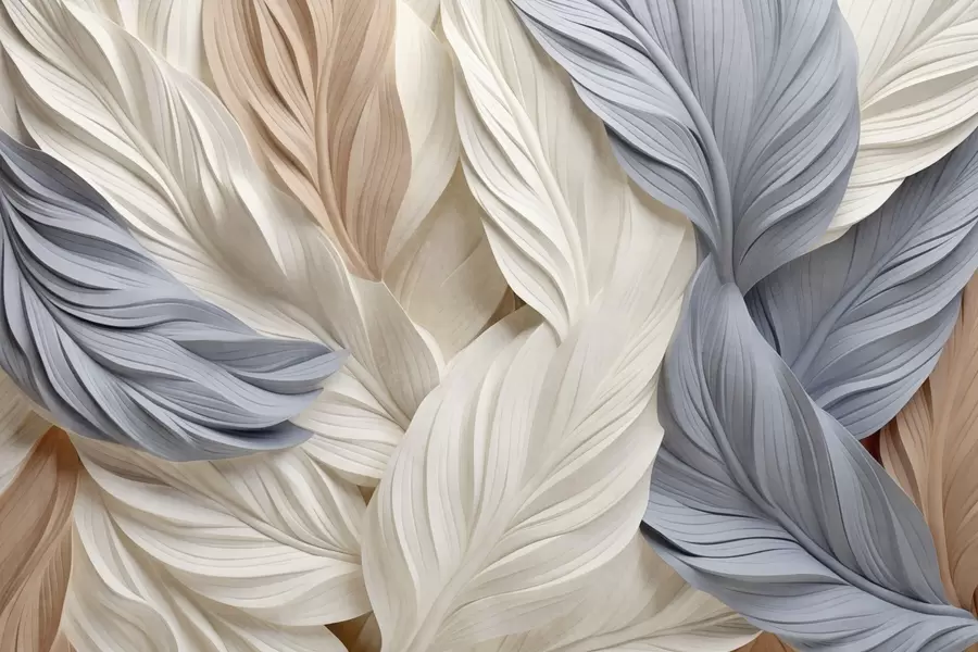 wall murals Abstract, layered feathers in cream, beige, and light blue hues, with a textured, organic appearance w09603