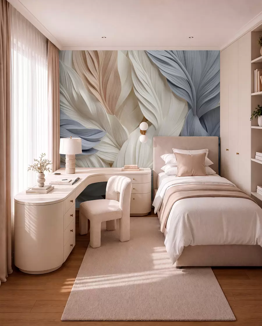 wall murals Abstract, layered feathers in cream, beige, and light blue hues, with a textured, organic appearance w09603
