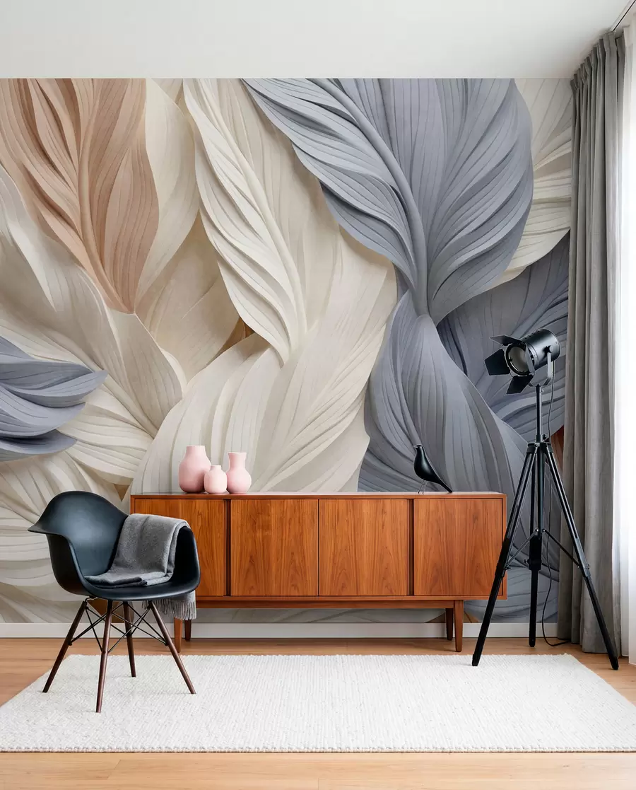 wall murals Abstract, layered feathers in cream, beige, and light blue hues, with a textured, organic appearance w09603