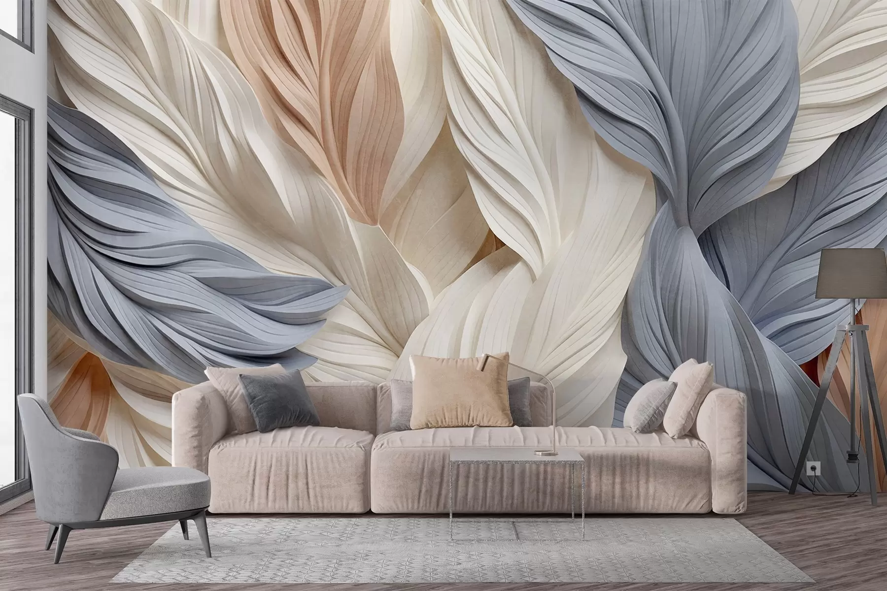 wall murals Abstract, layered feathers in cream, beige, and light blue hues, with a textured, organic appearance w09603