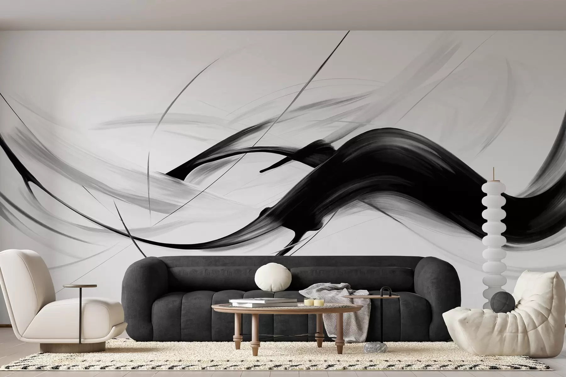 wall murals Abstract black and white brush strokes with thin lines creating a modern design against light background w09605