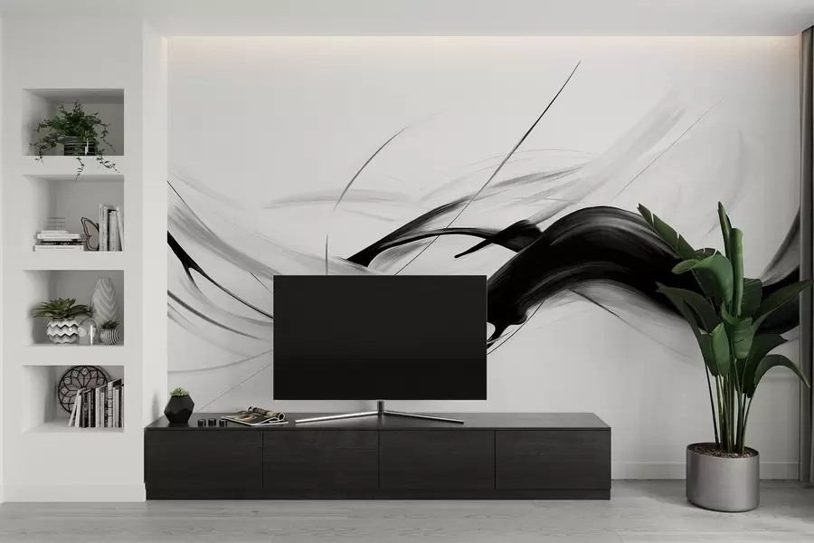 wall murals Abstract black and white brush strokes with thin lines creating a modern design against light background w09605