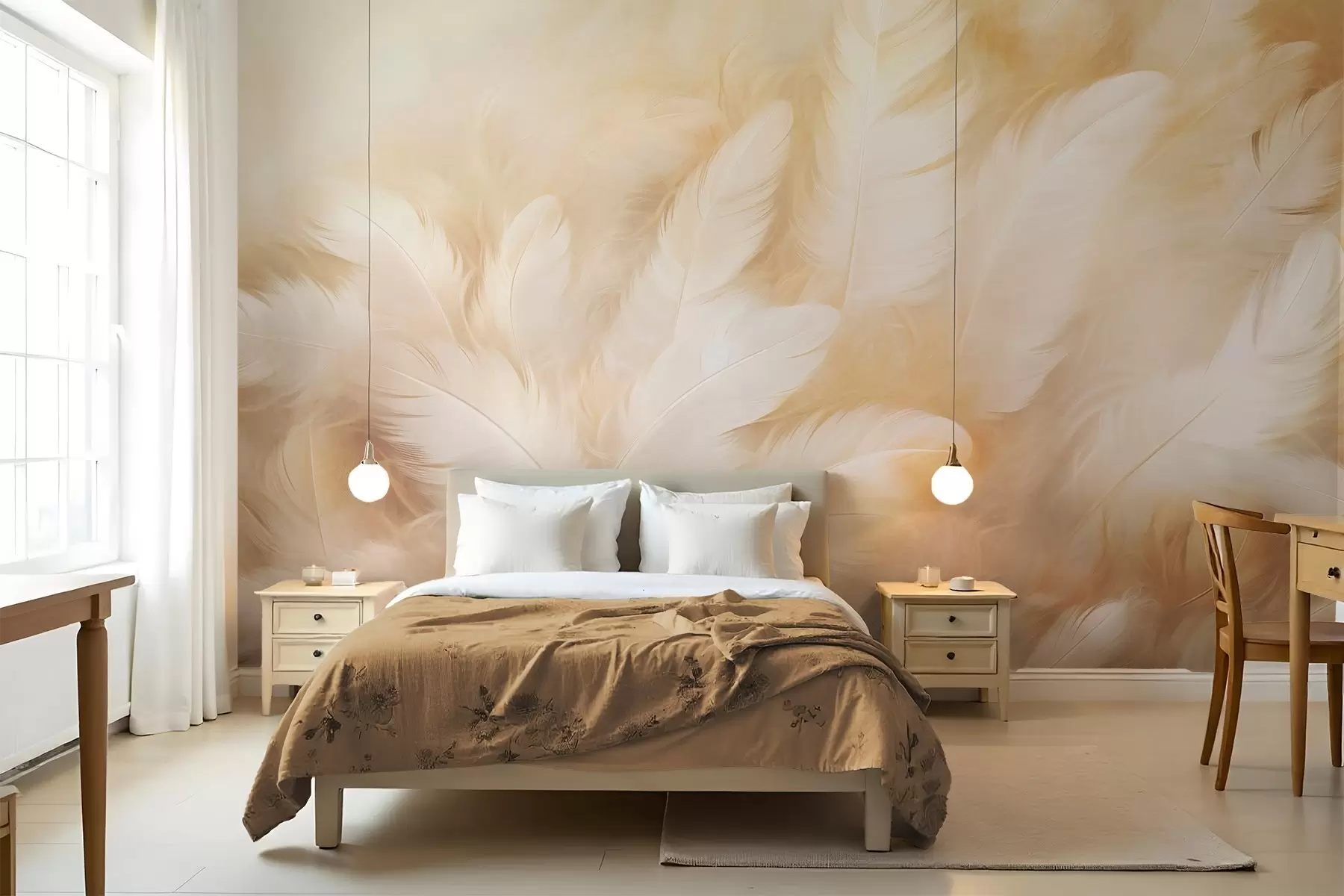wall murals White and yellow feathers with soft texture w09606