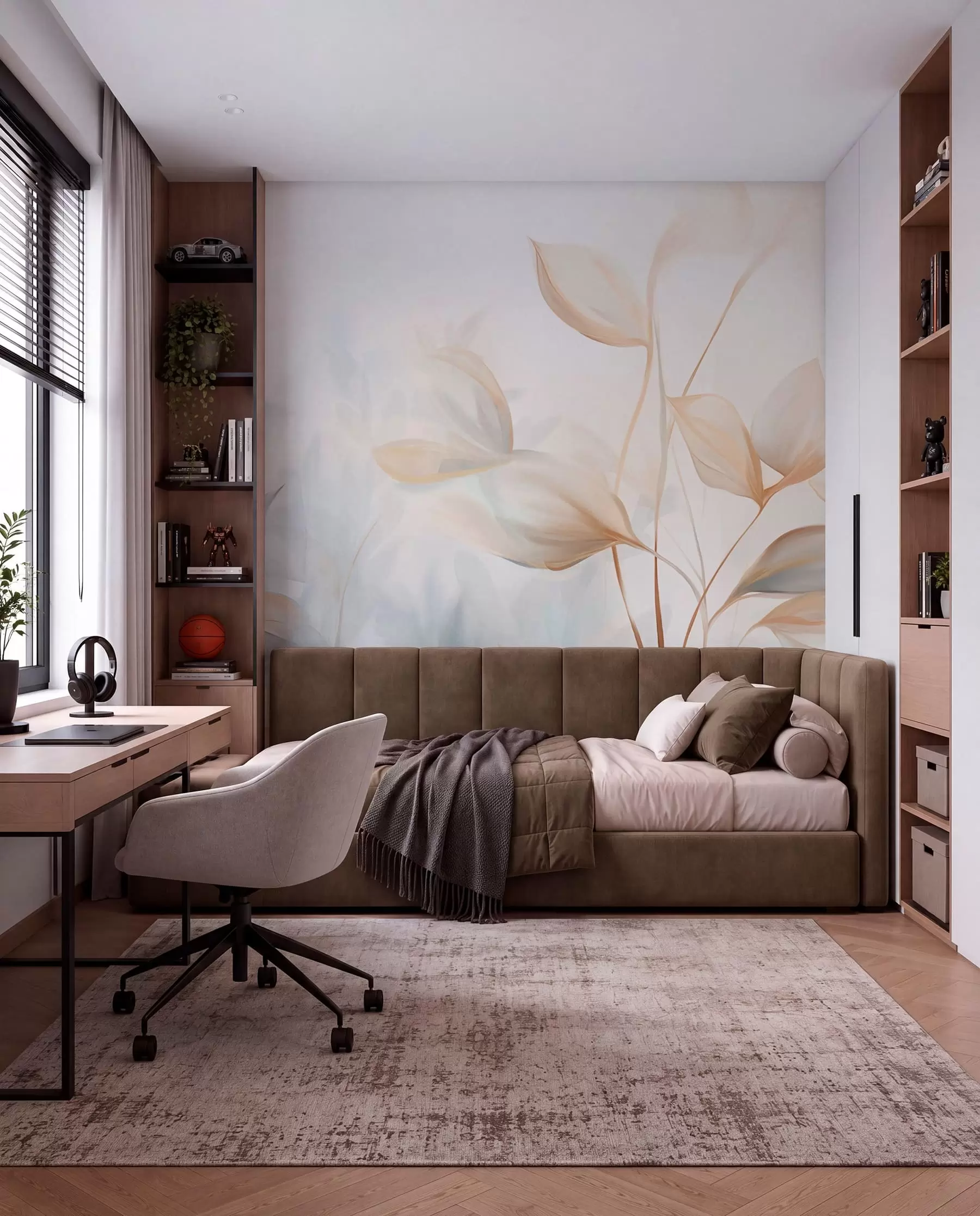 wall murals A soft, delicate, translucent leaves in muted tones of beige, peach, and pale blue, textured pastel art w09607