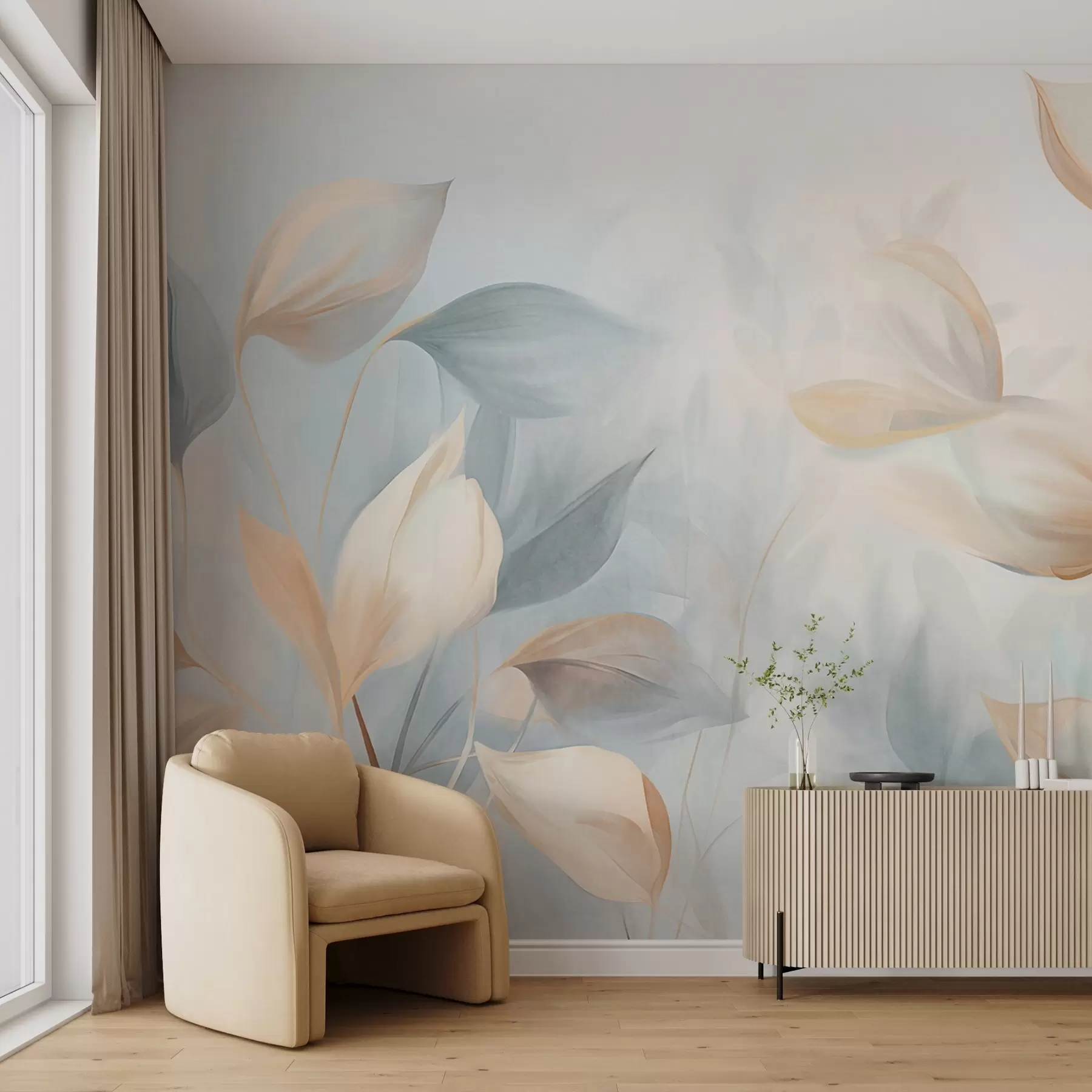 wall murals A soft, delicate, translucent leaves in muted tones of beige, peach, and pale blue, textured pastel art w09607