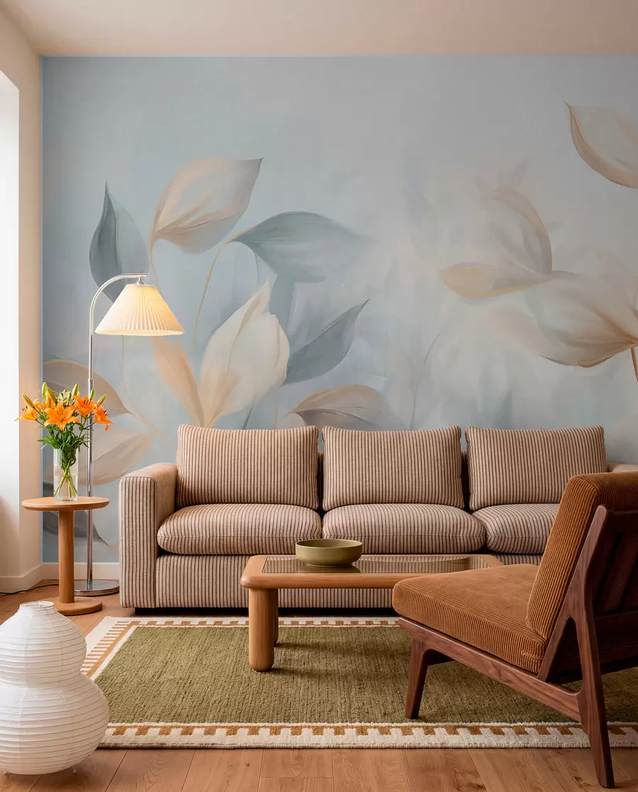 wall murals A soft, delicate, translucent leaves in muted tones of beige, peach, and pale blue, textured pastel art w09607