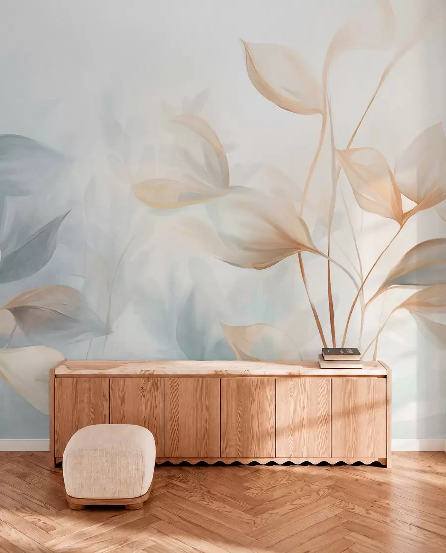 wall murals A soft, delicate, translucent leaves in muted tones of beige, peach, and pale blue, textured pastel art w09607